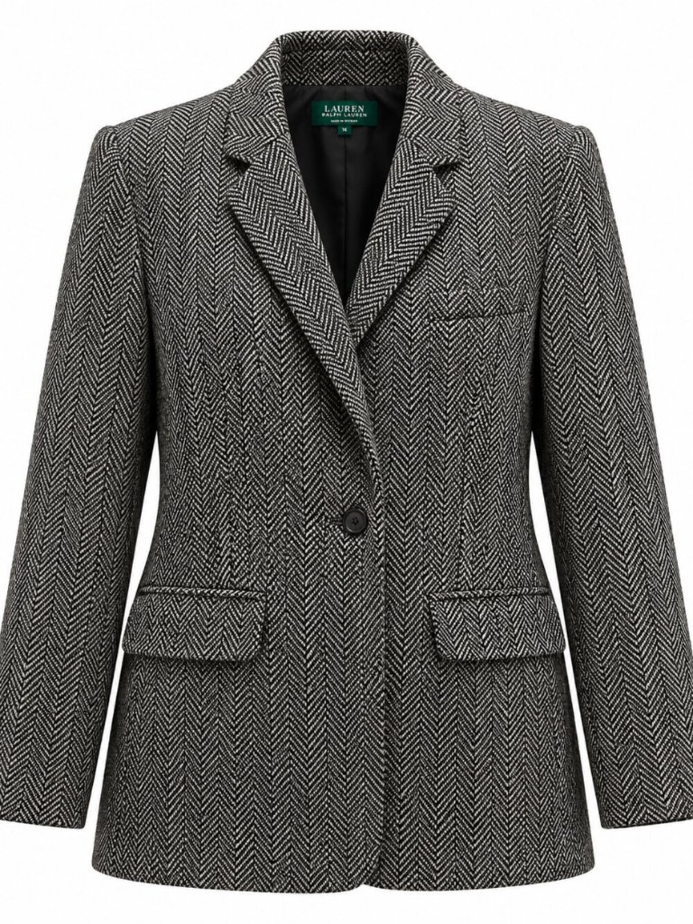 Lauren Ralph Lauren Petite Black White Herringbone 100% Wool Blazer 14P